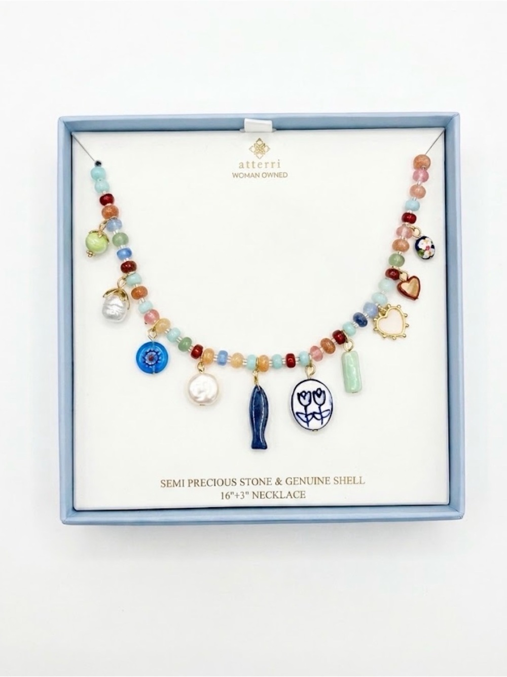 NWT ⚜️💙⚜️ ATTERRI Semi-Precious Stone & Genuine Shell Charm Necklace